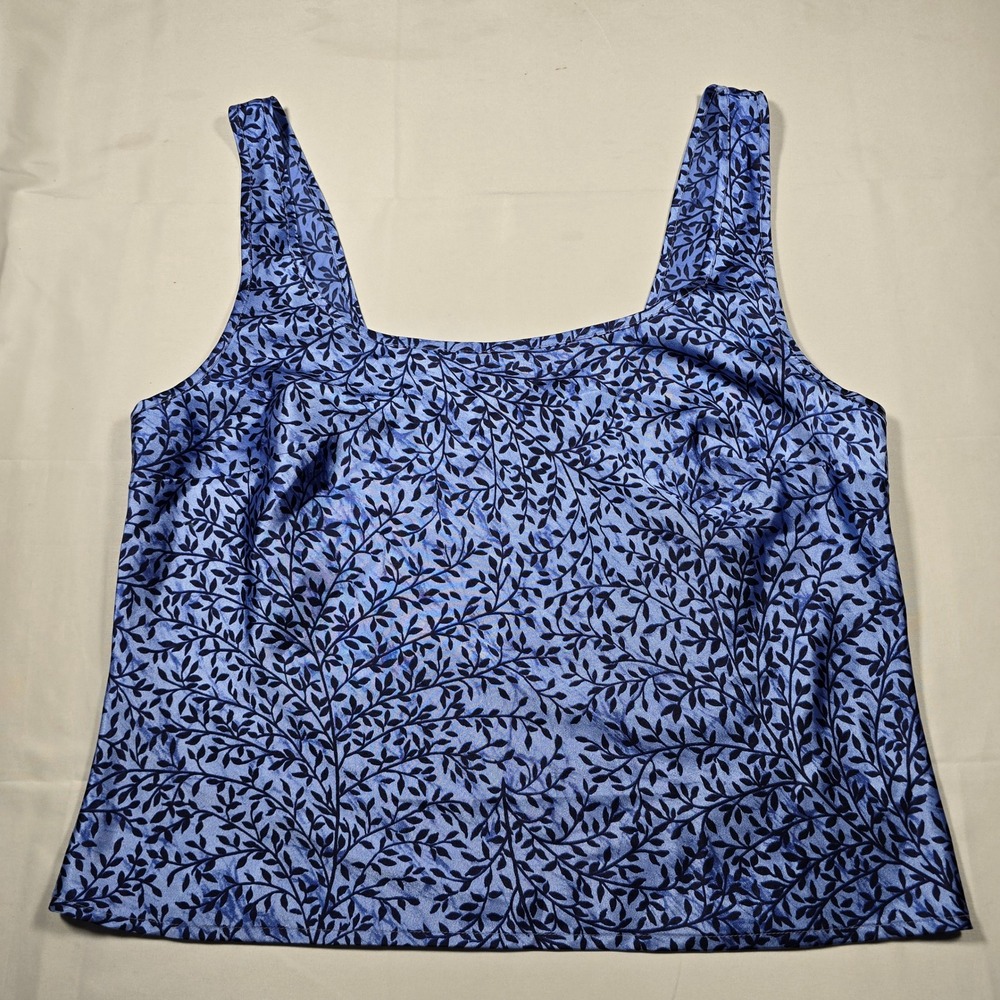 Victoria's Secret Blue Botanical Leaf Print Satin Square Neck Camisole Top M